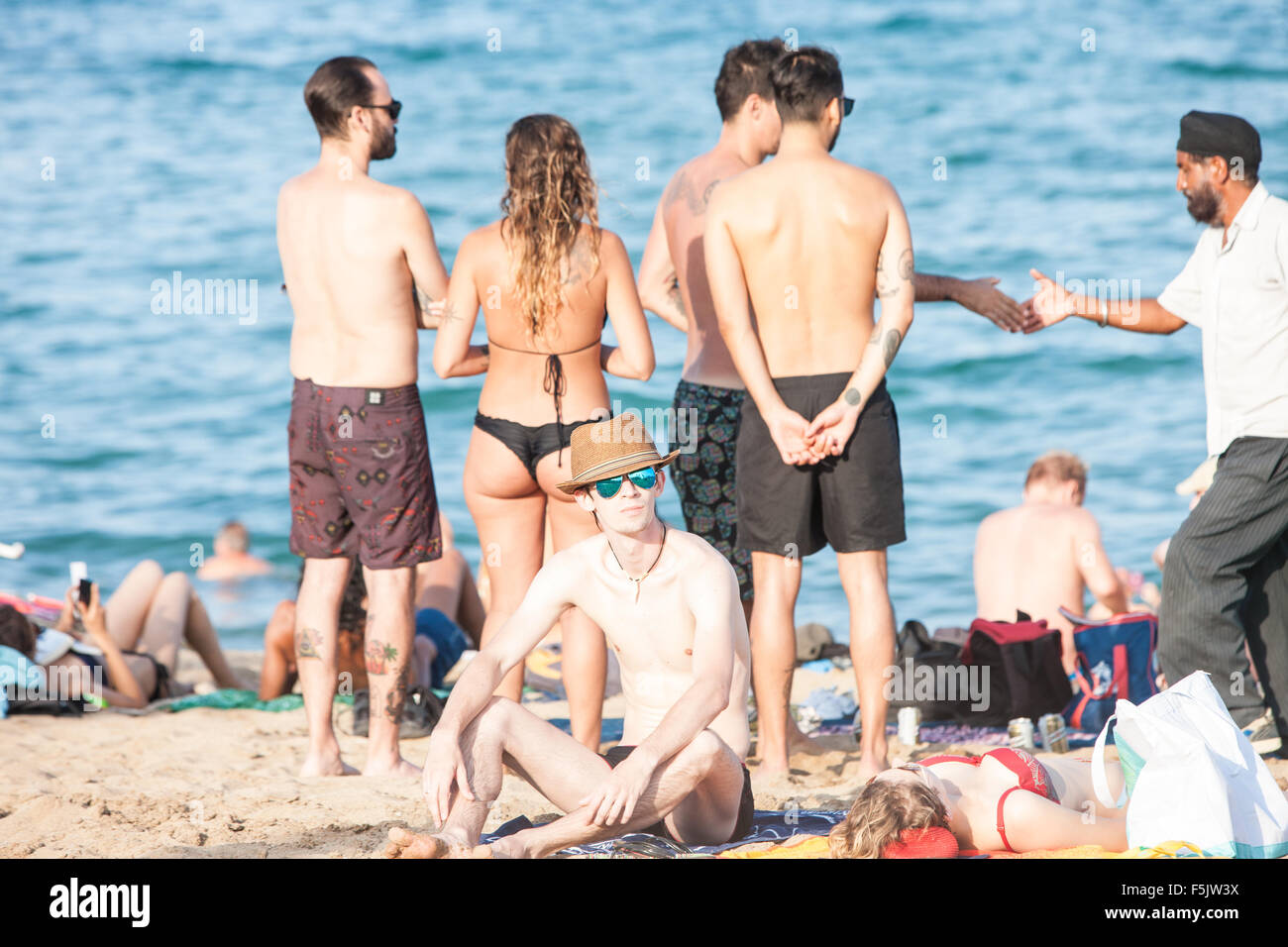 Avvertenza pericolo,,scottature,sun,bruciato,beach,Barcellona, Foto Stock