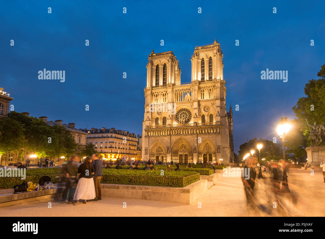 La cattedrale di Notre Dame al crepuscolo, interno, facciata occidentale, Ile de la Cite, Parigi, regione Ile-de-France, Francia Foto Stock