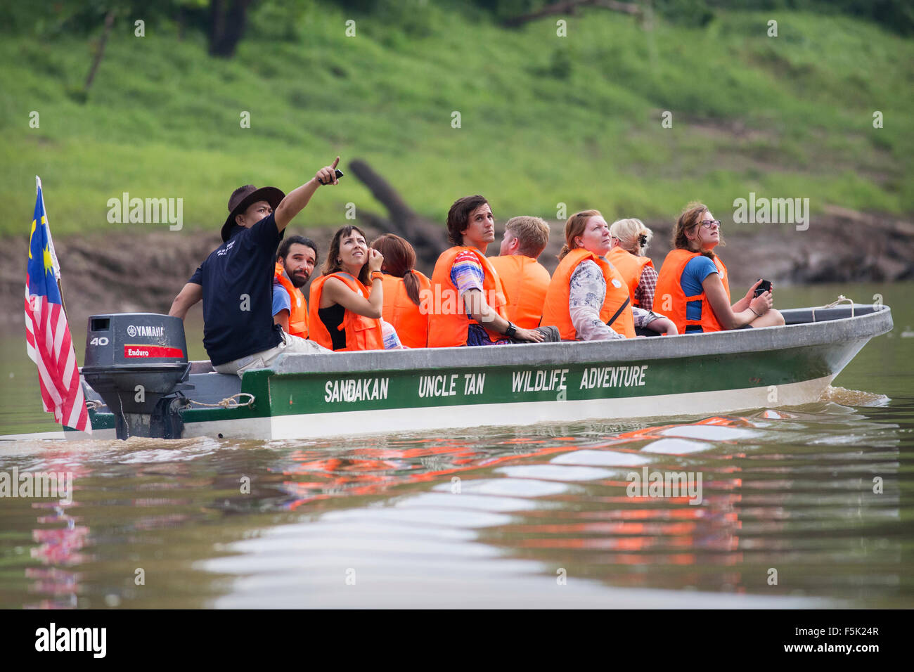 I turisti di crociera lungo il fiume Kinabatangan nel Borneo alla ricerca per la fauna selvatica Foto Stock