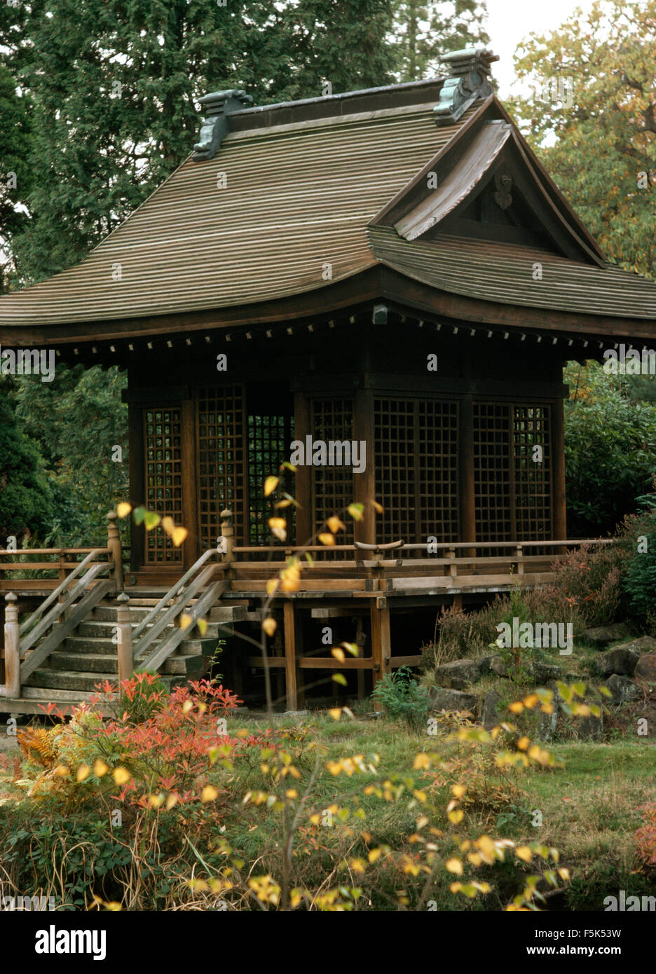 Gradini in legno fino a stile cinese pavilion in un paese grande giardino in autunno Foto Stock
