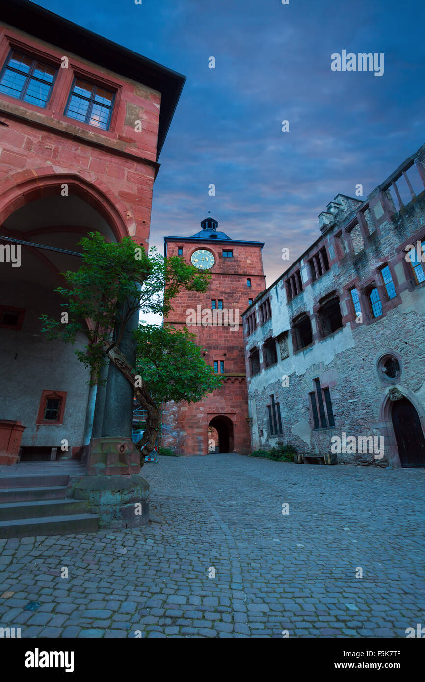 Piazza interna del castello di Heidelberg durante la sera Foto Stock