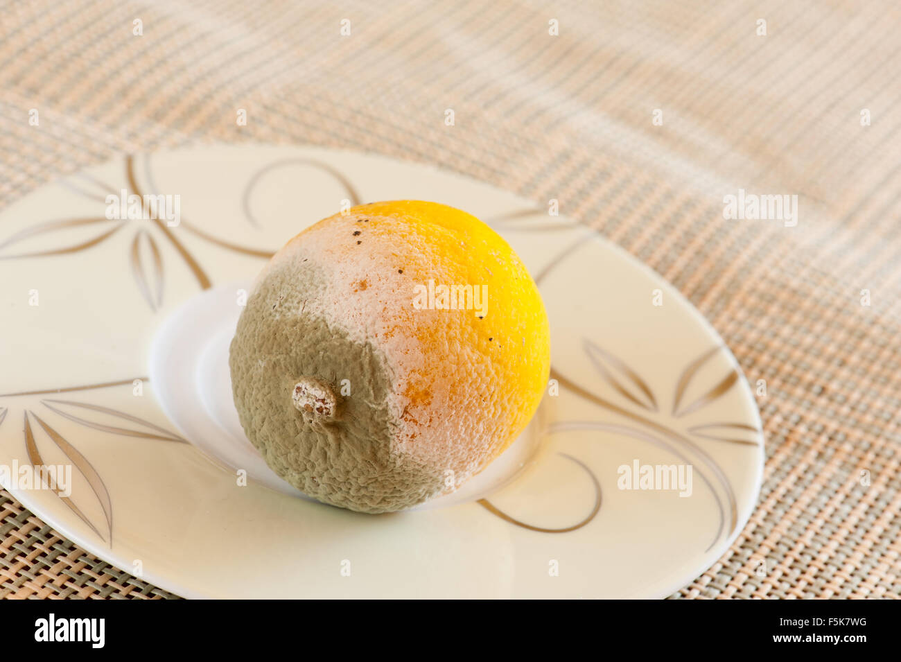 La muffa verde sulla frutta limone giacente su un piccolo piatto sul tavolo di legno, ammuffito e decadeva male lo spreco di cibo, un limone garbage ... Foto Stock