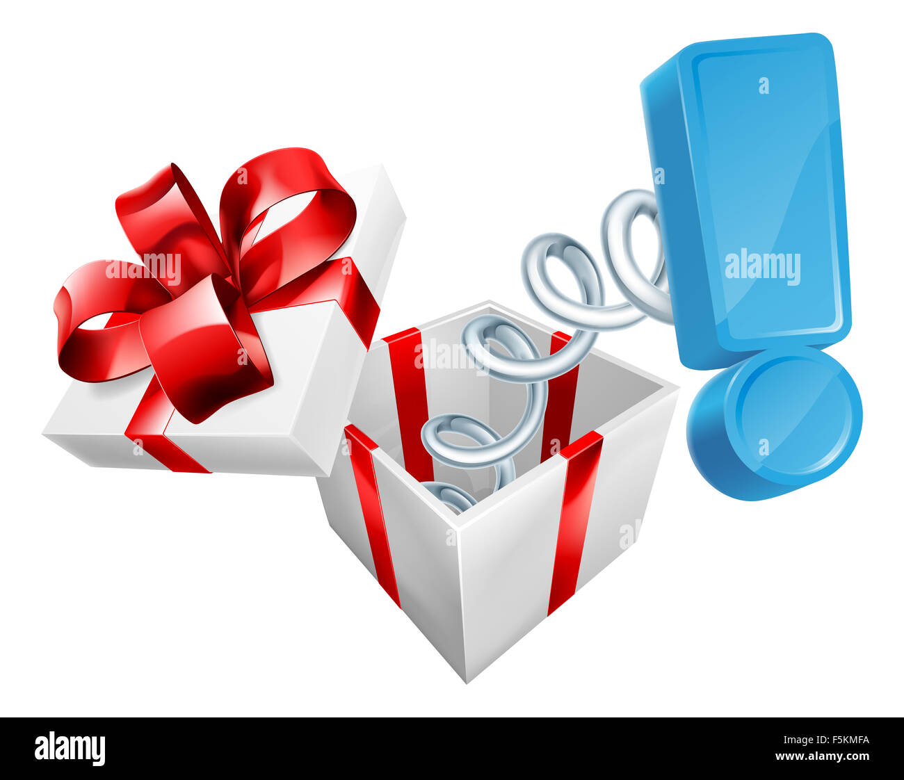 Un jack in the box con un punto esclamativo simbolo segno salta fuori su una molla Foto Stock