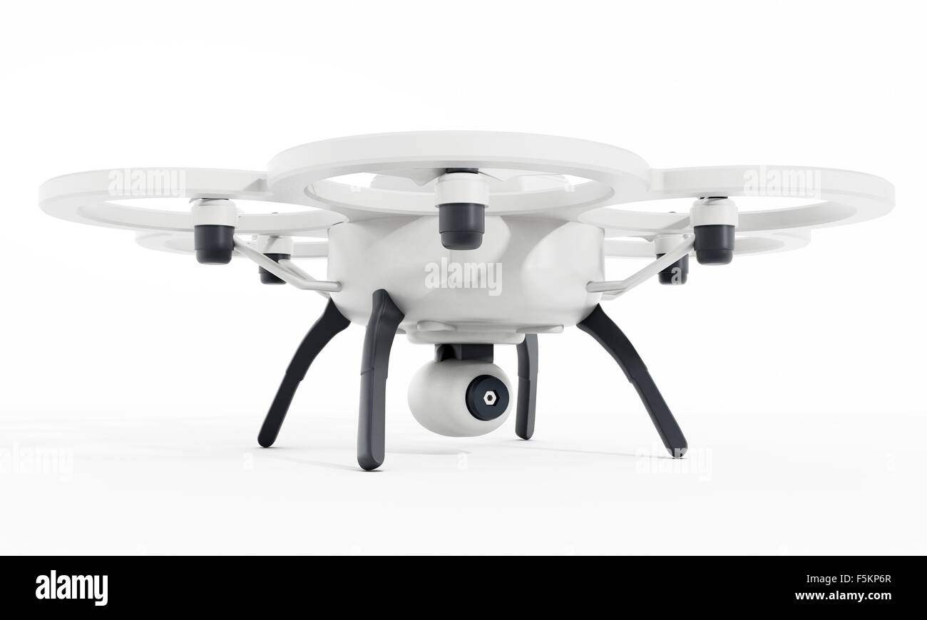 Drone con eliche a sei isolati su sfondo bianco Foto Stock