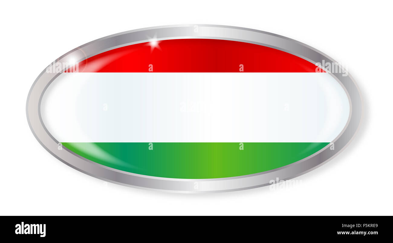 Ovale Silver pulsante con il flag di Ungheria isolata su uno sfondo bianco Foto Stock