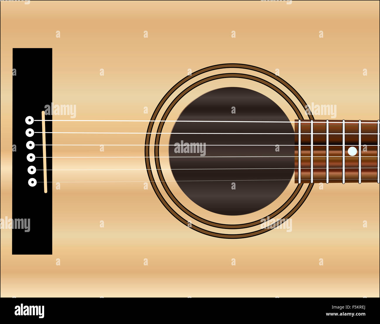 Una tipica chitarra acustica foro audio e la scheda con le stringhe Foto Stock