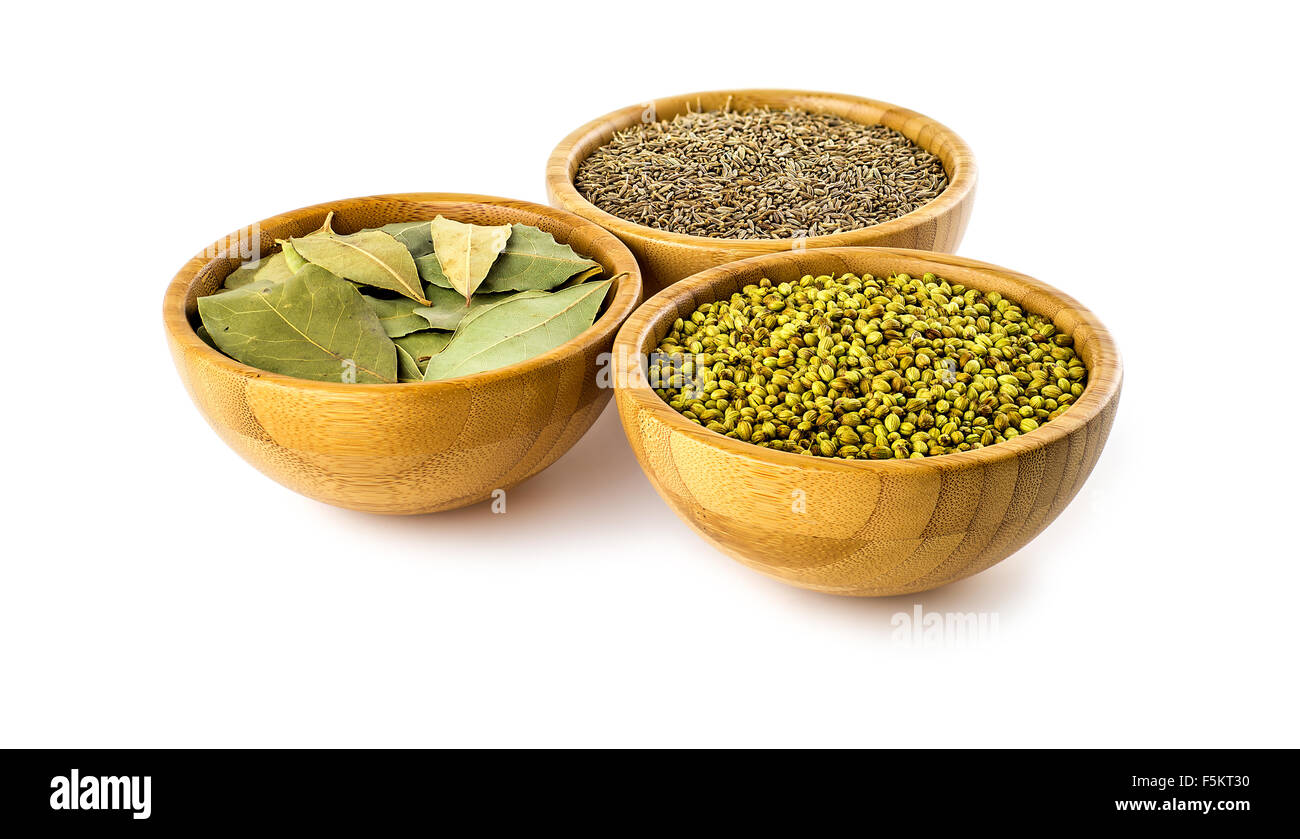 Indian dhaniya semi, foglie di alloro e cumino Foto Stock