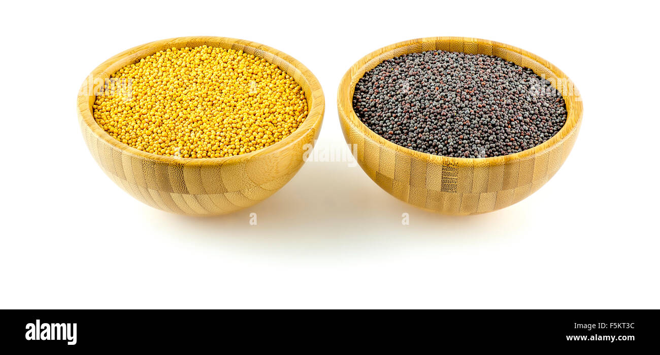 Macro di contrastare il giallo e il nero di semi di senape Foto Stock