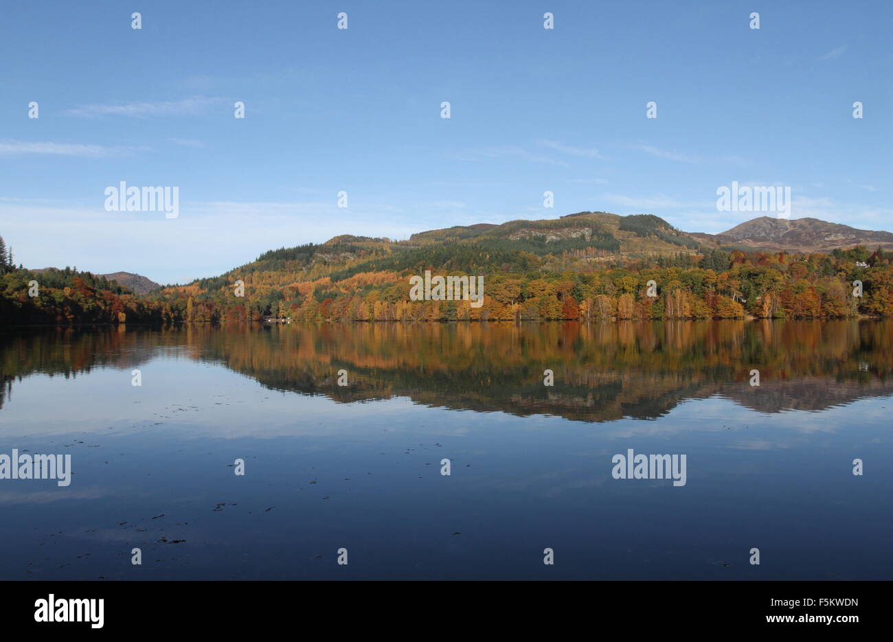 Colore di autunno riflesso in Loch Faskally Scozia Novembre 2015 Foto Stock