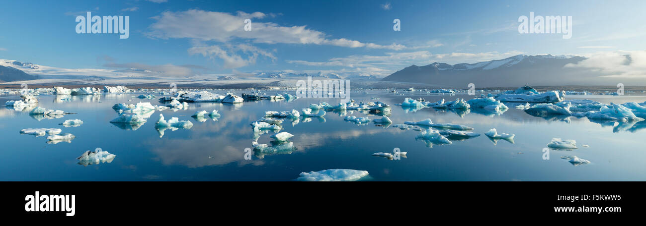 Iceberg di Jokulsarlon laguna, al di sotto del ghiacciaio Breidamerkurjokull, Sudhurland, Islanda. Foto Stock