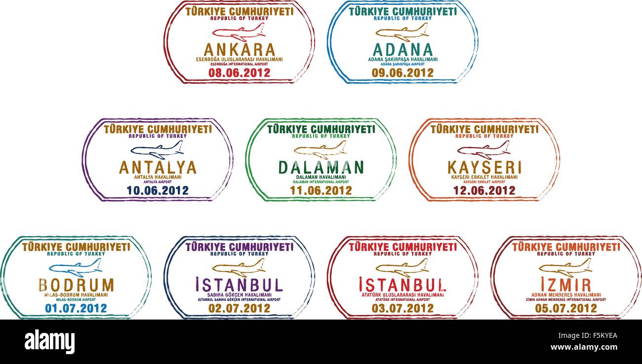 La Turchia stilizzata passaporto francobolli in formato vettoriale. Illustrazione Vettoriale