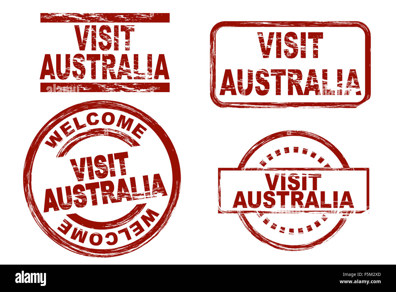 Set di inchiostro stilizzata timbri che mostra il termine visita in Australia. Tutto su sfondo bianco. Foto Stock
