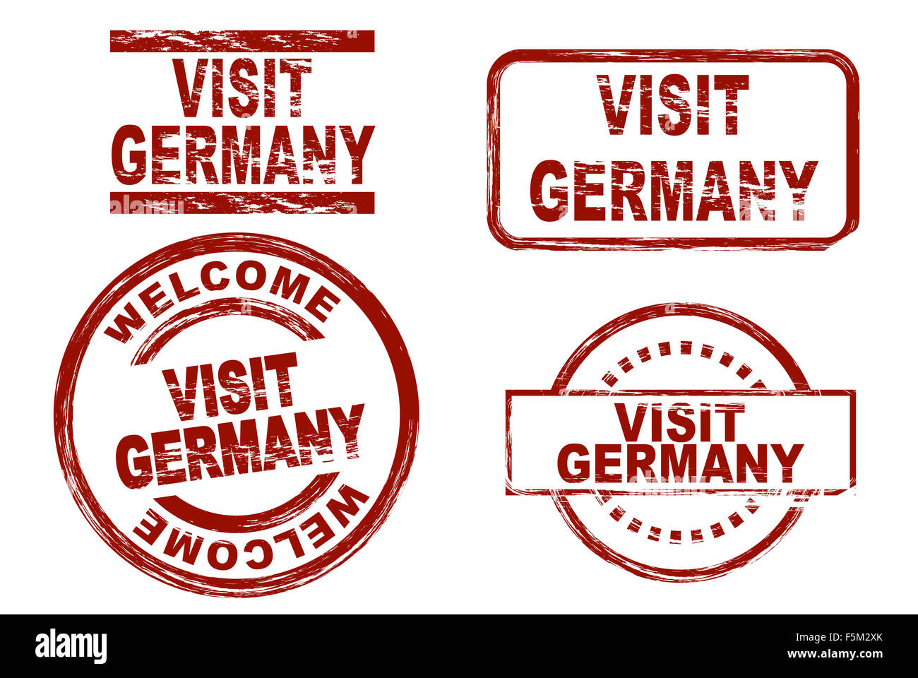Set di inchiostro stilizzata timbri che mostra il termine visita in Germania. Tutto su sfondo bianco. Foto Stock