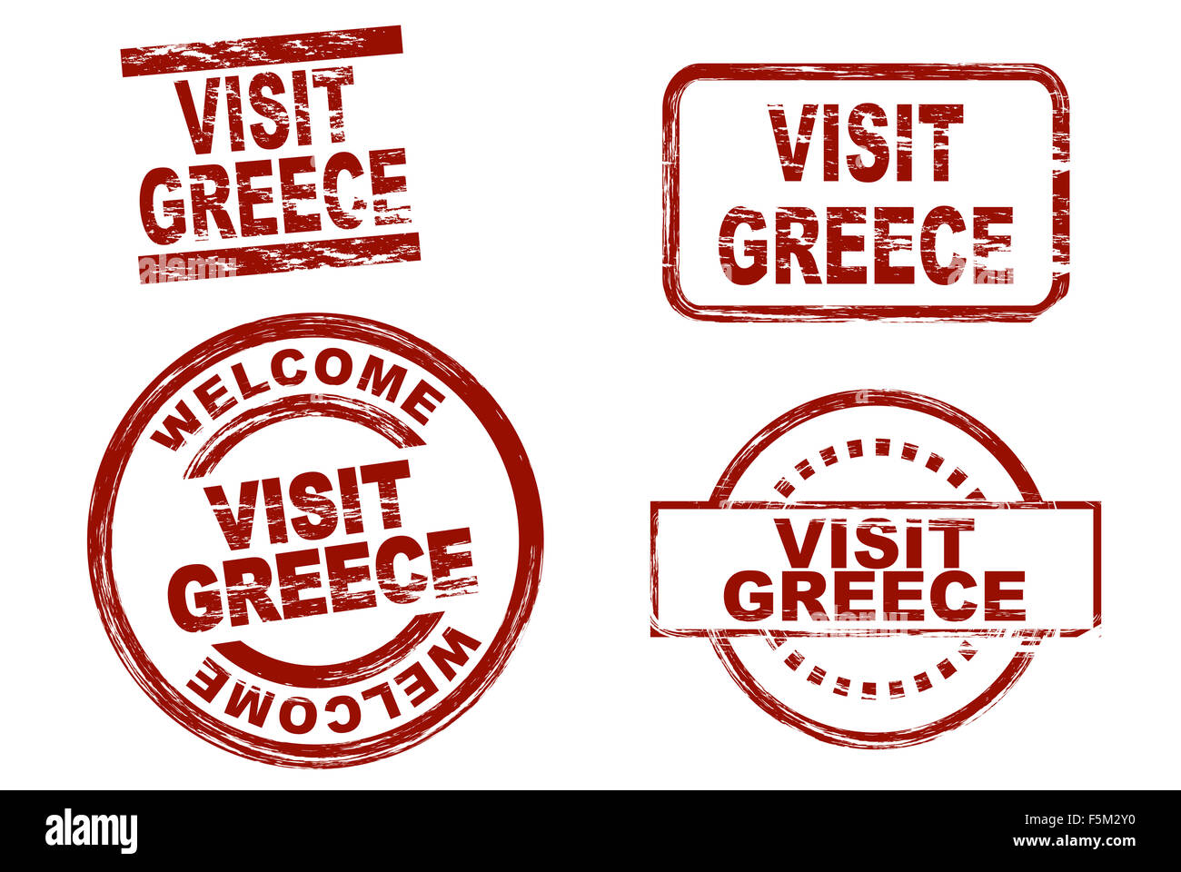 Set di inchiostro stilizzata timbri che mostra il termine visitare la Grecia. Tutto su sfondo bianco. Foto Stock