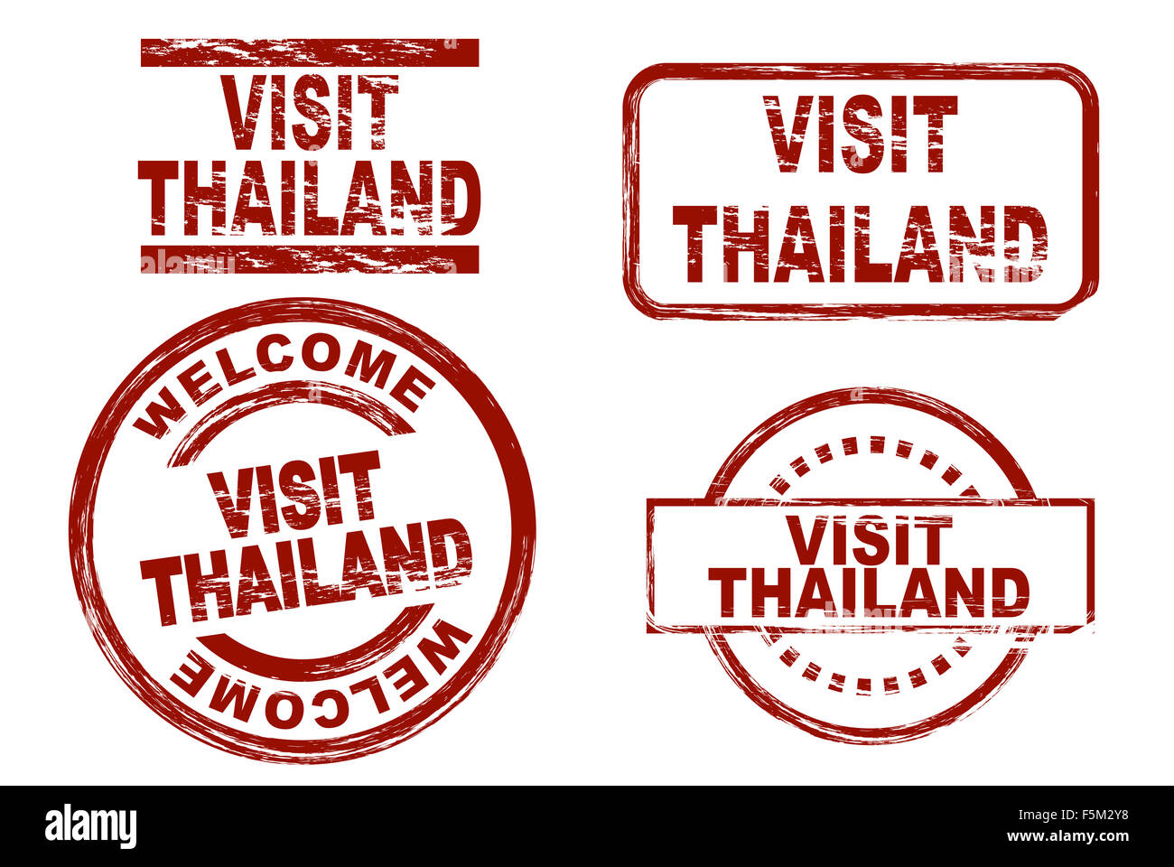 Set di inchiostro stilizzata timbri che mostra il termine visitare la Thailandia. Tutto su sfondo bianco. Foto Stock