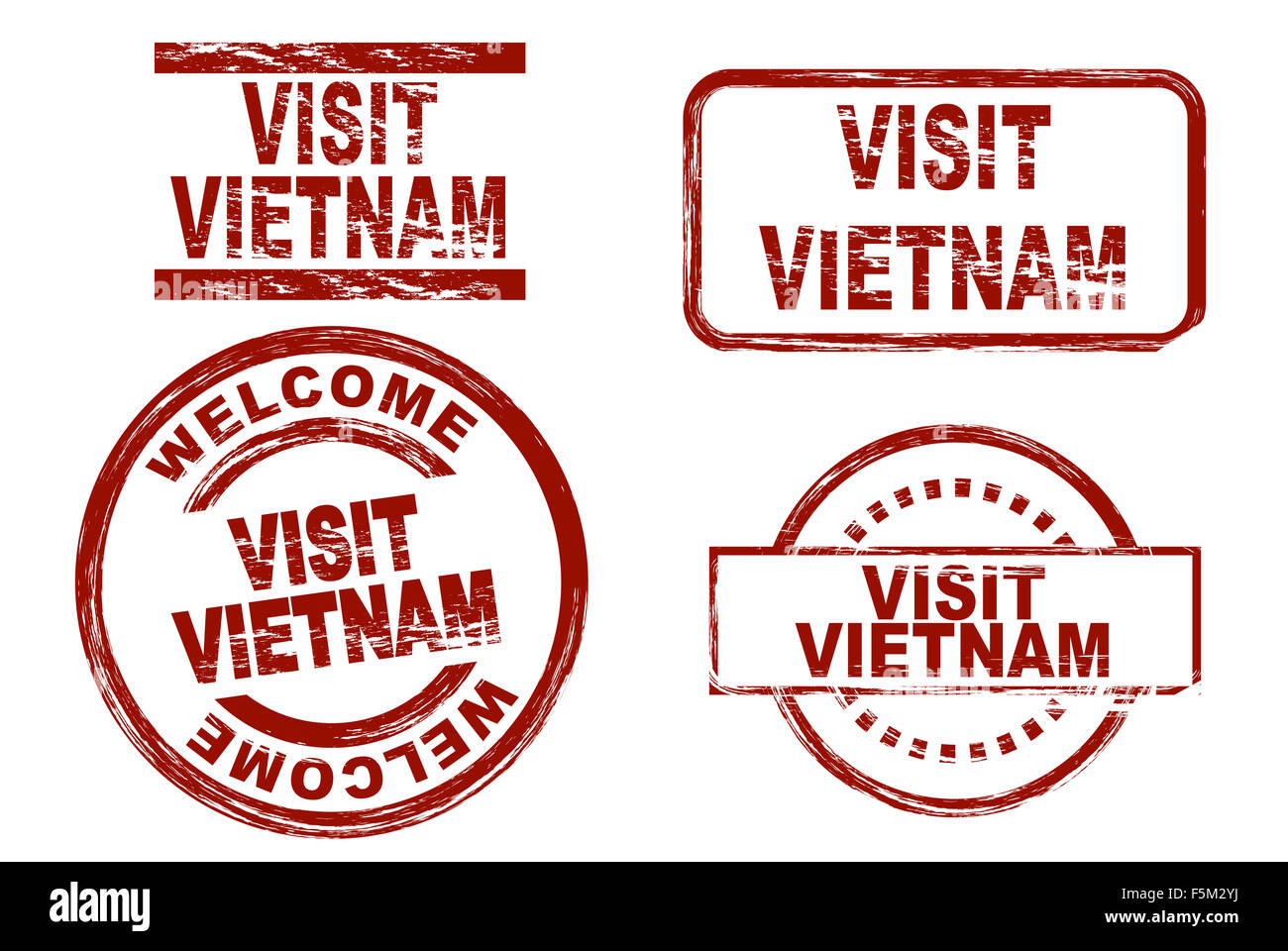 Set di inchiostro stilizzata timbri che mostra il termine visitare il Vietnam. Tutto su sfondo bianco. Foto Stock