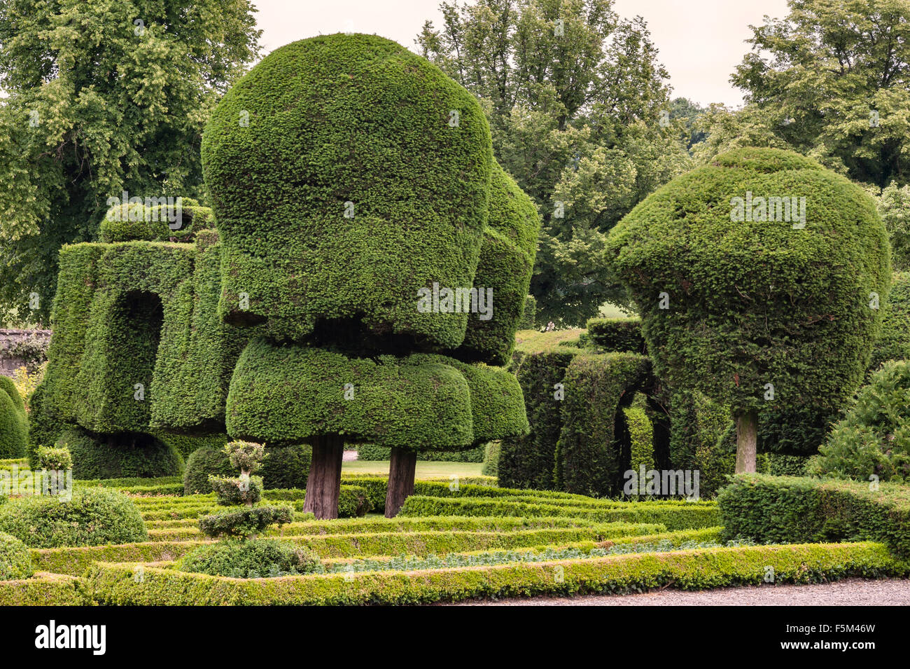 Levens Hall, Cumbria, Regno Unito. Un tardo 16c Manor House famosa per il suo eccentrico topiaria da giardino, di proprietà della famiglia Bagot Foto Stock