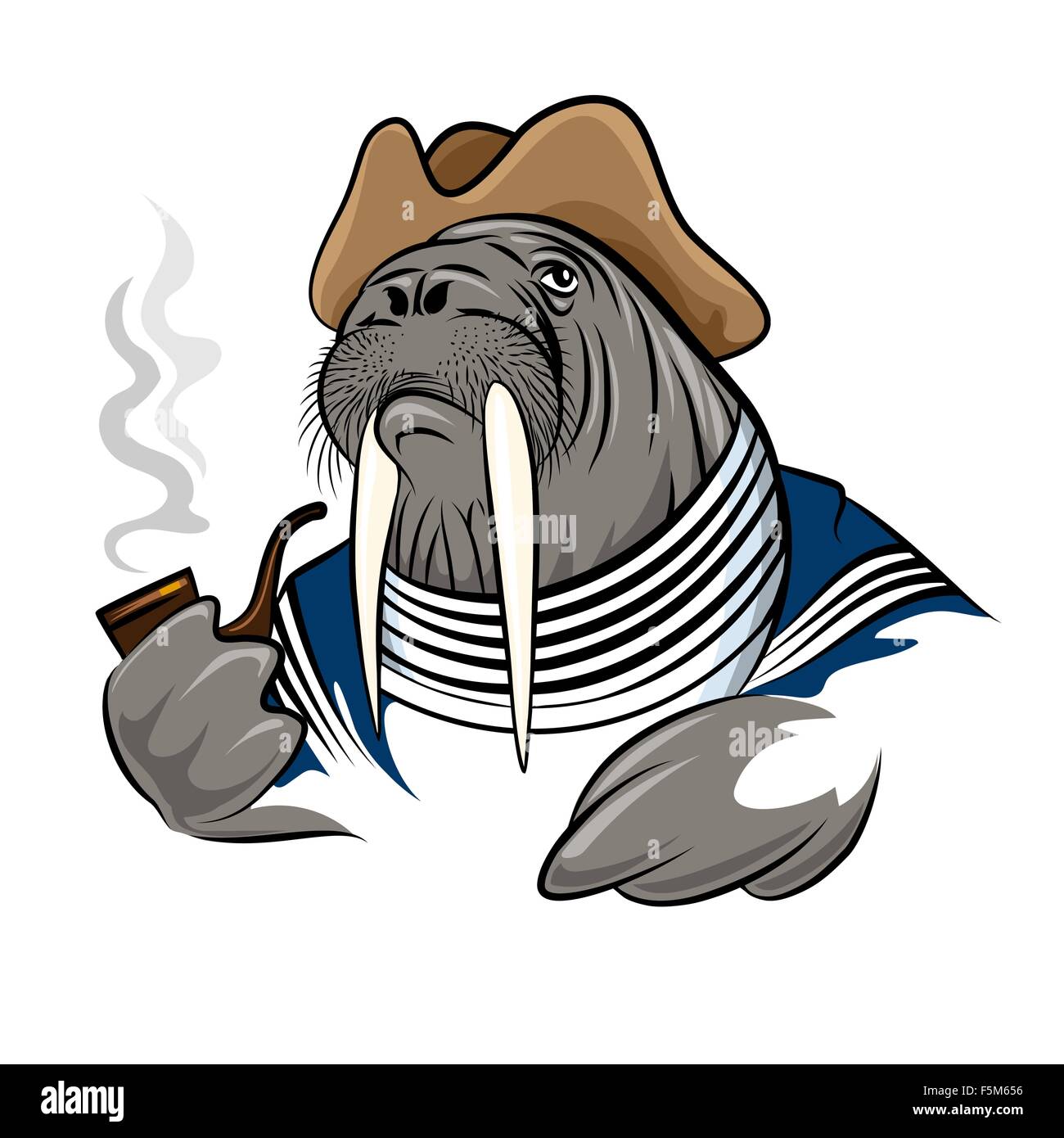 In tricheco marinaio vestiti con tubo di fumo. Illustrazione in stile cartoon. Illustrazione Vettoriale