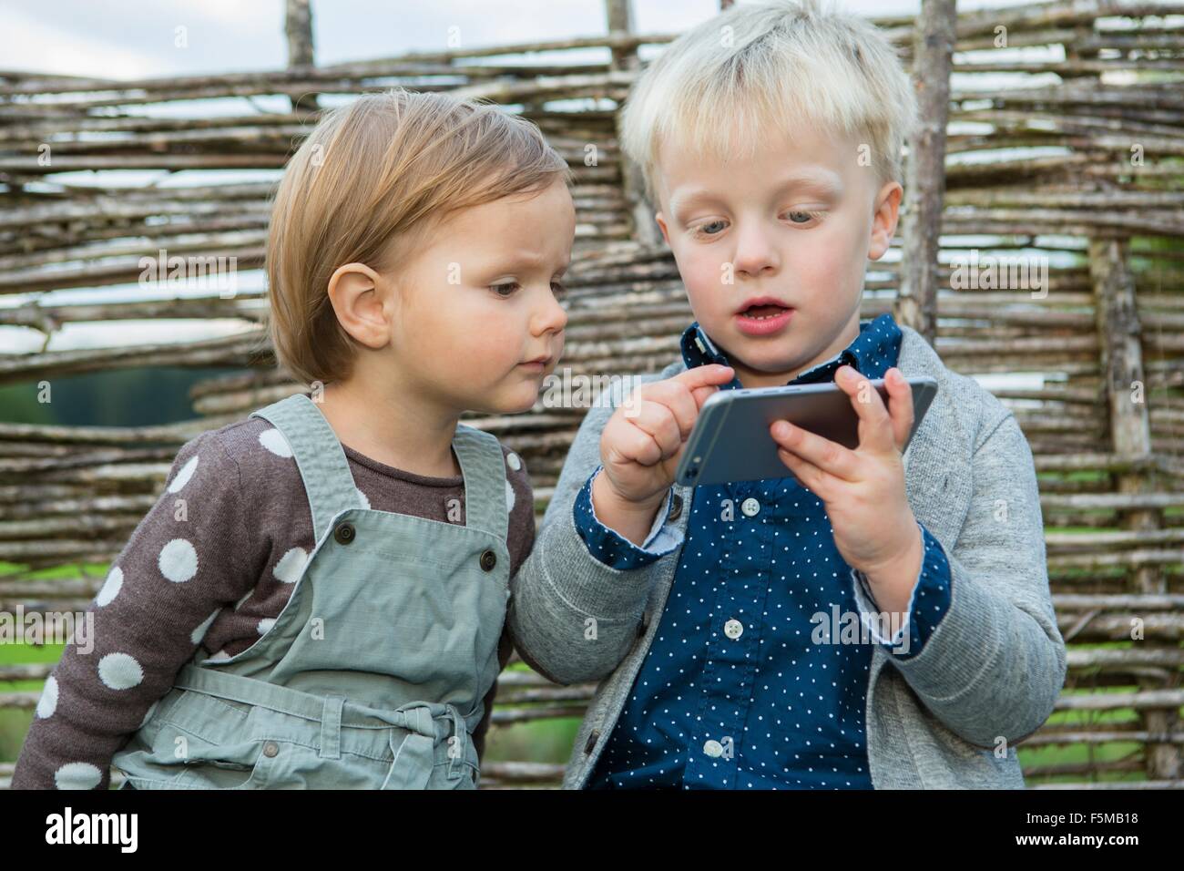 Ragazzo e toddler femmina utilizzando il touchscreen sullo smartphone in giardino Foto Stock