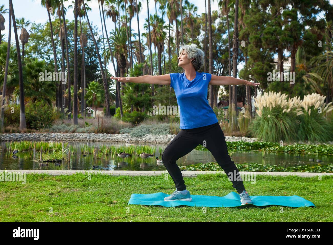 Donna matura facendo yoga nel parco Foto Stock