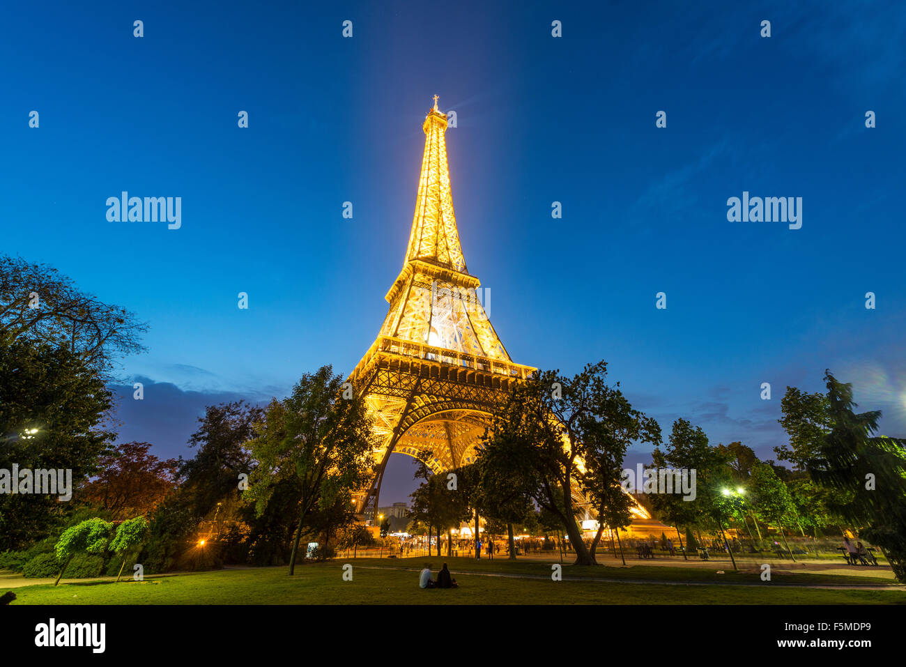 Illuminata dalla Torre Eiffel al tramonto, Torre Eiffel e Champ de Mars, Parigi, Ile-de-France, Francia Foto Stock