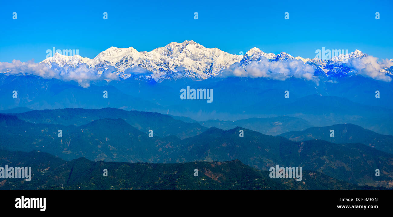 Nevato vette dell'Himalaya, Kangchendzonga, terza vetta più alta del mondo, tea garden in primo piano con spazio di copia Foto Stock