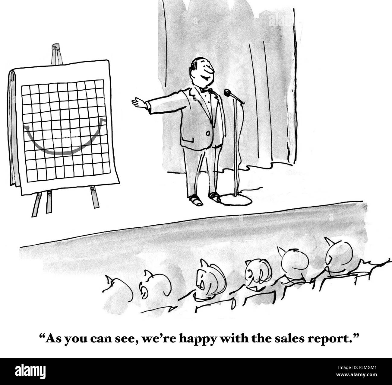 Business cartoon di un grafico con una linea che appare come un "sorriso". "Come si può vedere, siamo soddisfatti della relazione di vendita'. Foto Stock