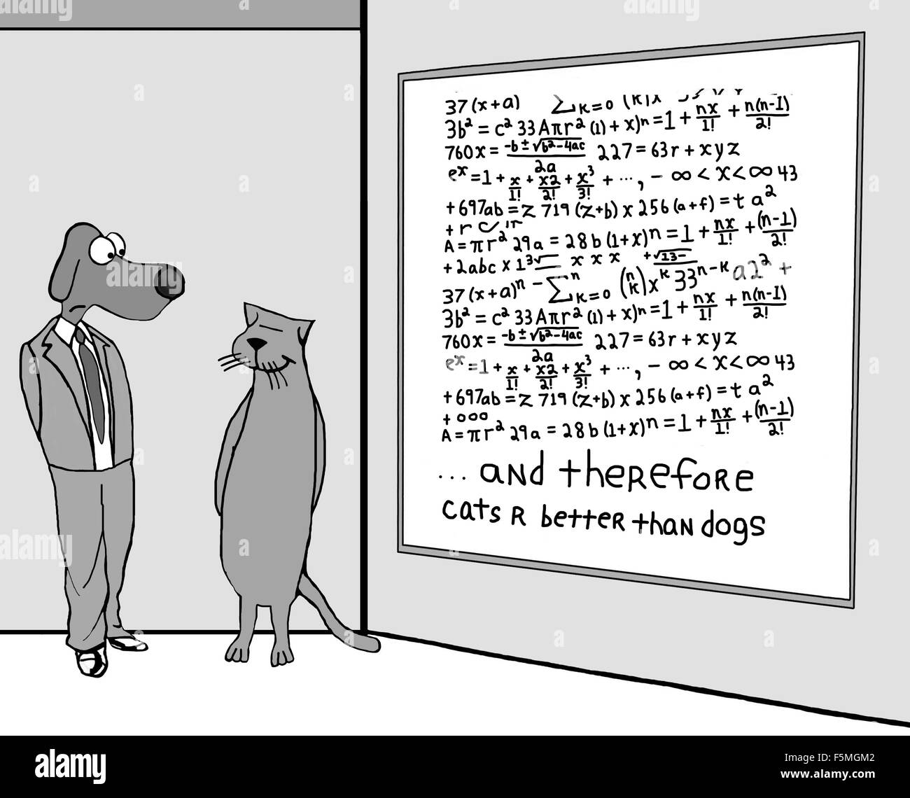 Conflitto cartoon di complesse equazioni che uguale '... e quindi gatti r meglio di cani". Foto Stock