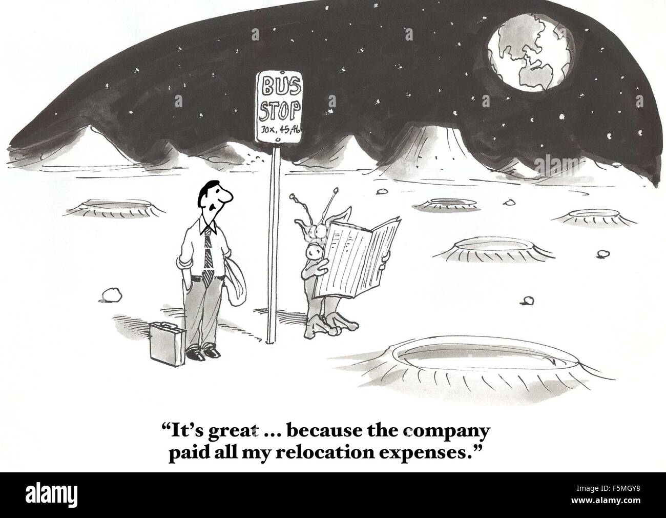 Business cartoon di imprenditore parlando di Marziano, "è fantastico... perché la società ha pagato tutte le mie spese di trasferimento". Foto Stock
