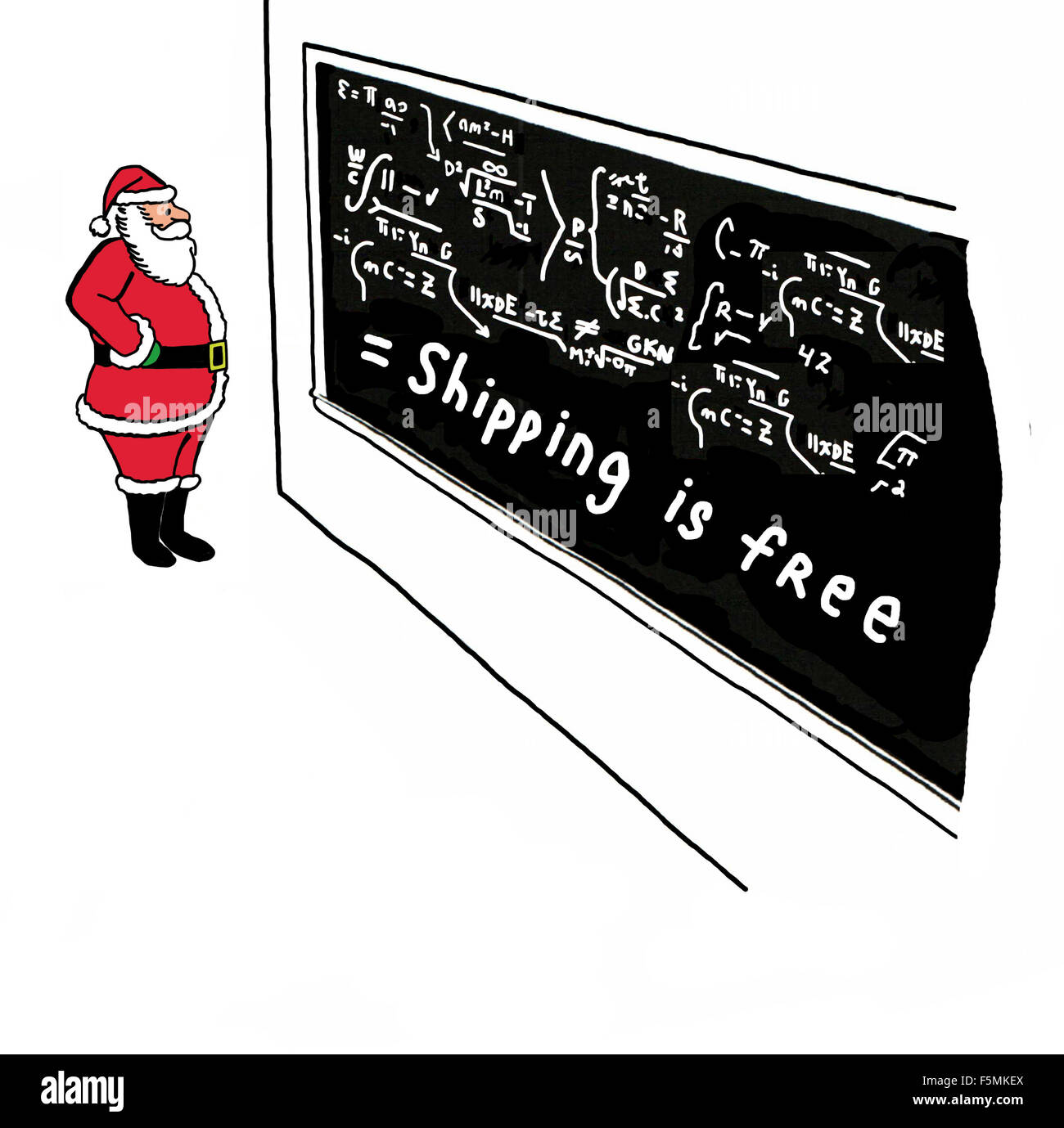 Cartoon di natale di Santa Claus guardando una formula complessa che equivale a 'Spedizione è libero'. Foto Stock