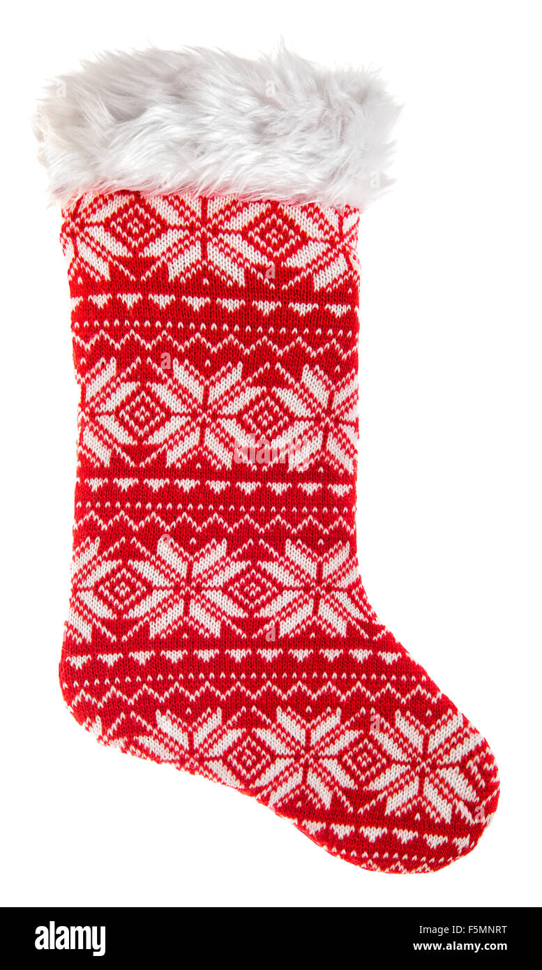 Calza di Natale. Maglia calza rossa per doni isolati su sfondo bianco Foto Stock
