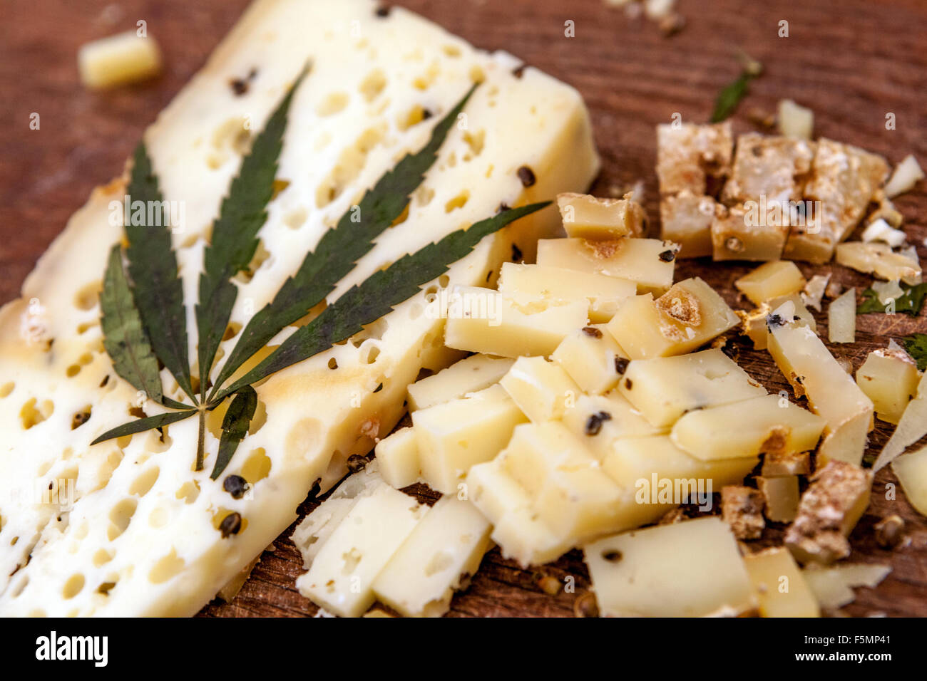 Prodotto dell'azienda agricola di famiglia. Degustazione e offerta di formaggio di pecora decorato con una foglia di cannabis nella Repubblica Ceca di Praga Foto Stock