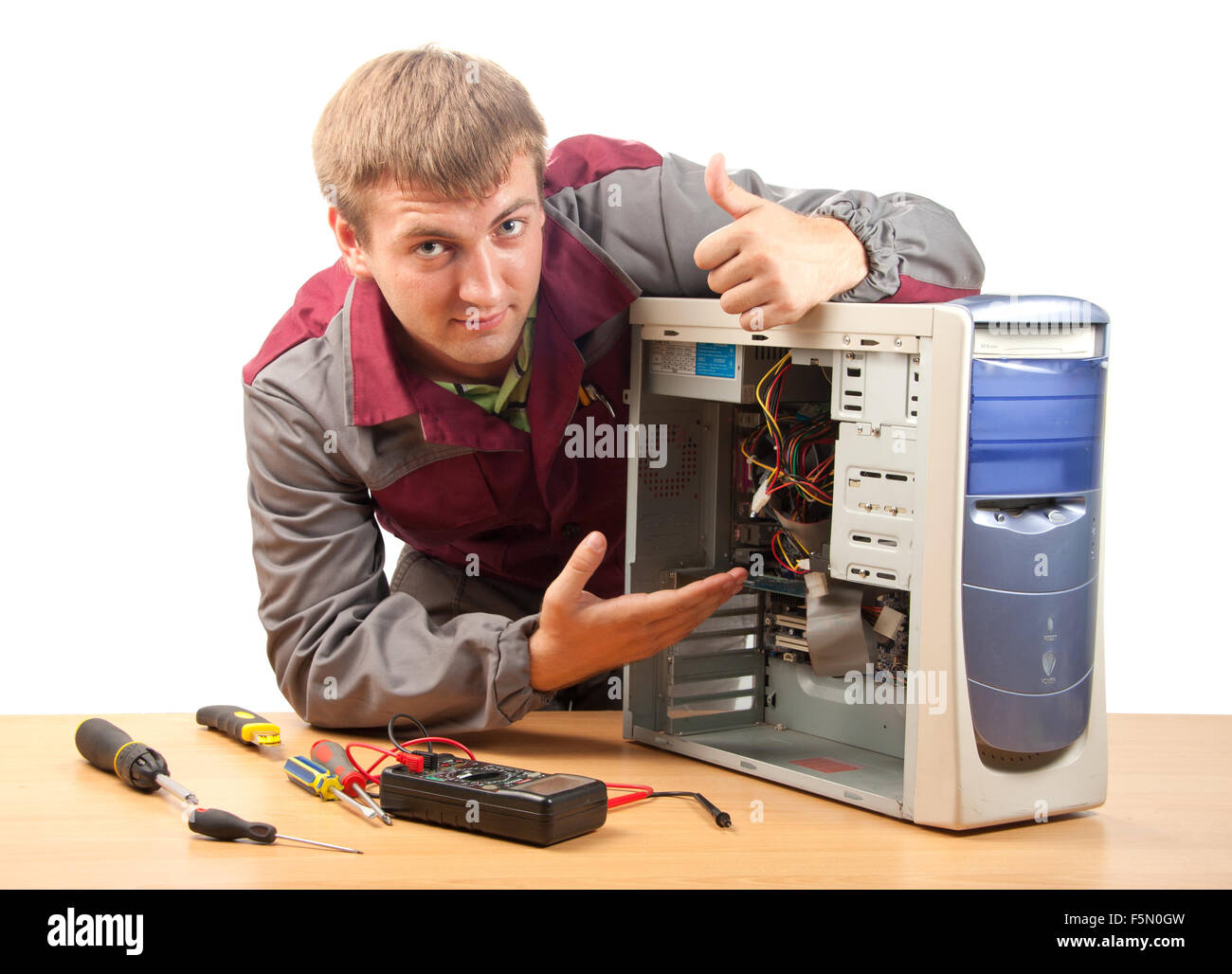 Computer Support Engineer. Isolato su bianco Foto Stock