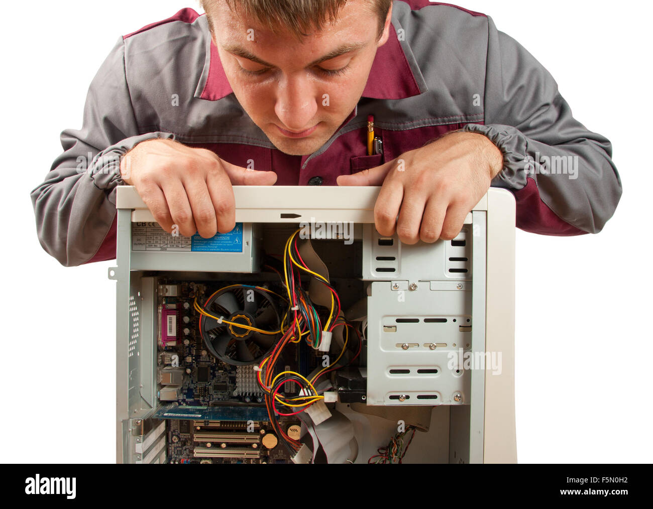 Computer Support Engineer. Isolato su bianco Foto Stock