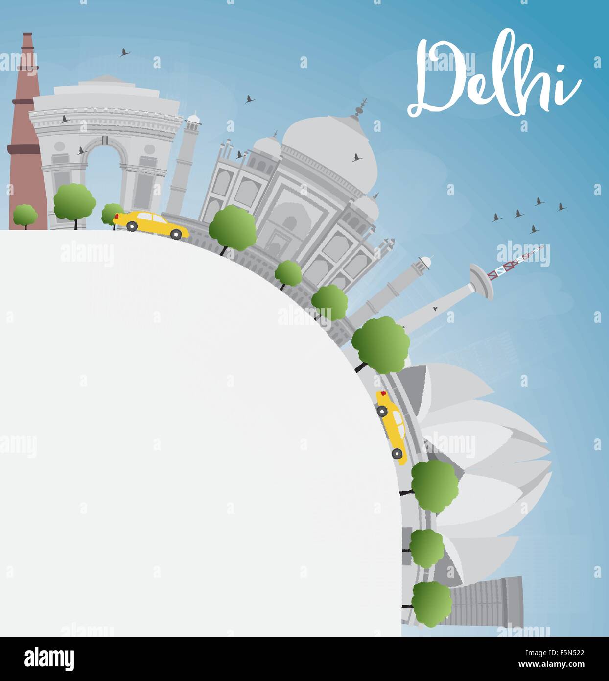 Delhi skyline con punti di riferimento di colore grigio, blu cielo e spazio copia. business viaggi e turismo concetto con posto per il testo. Illustrazione Vettoriale
