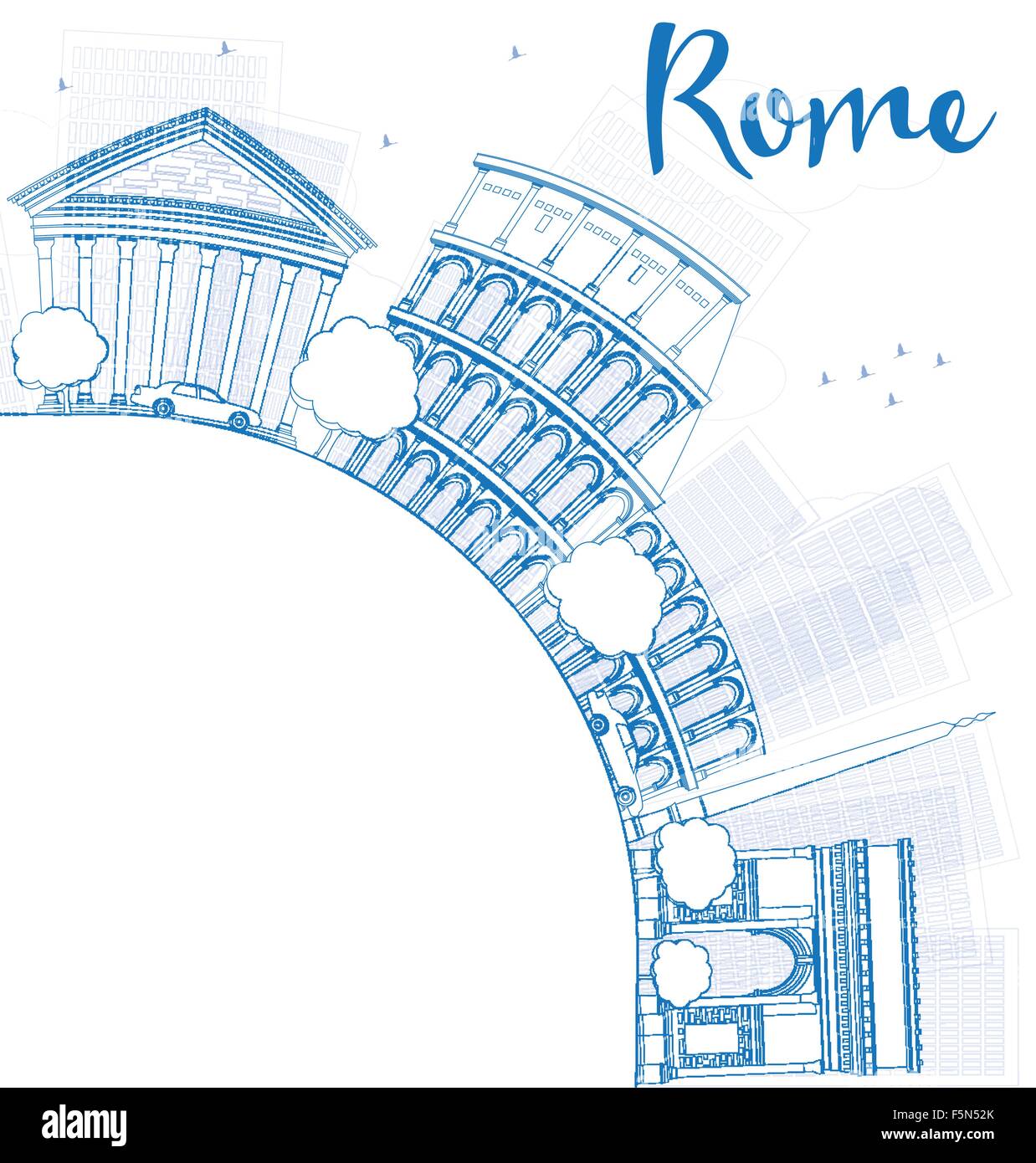 Profilo dello skyline di Roma con punti di riferimento blu e copia di spazio. Viaggi di affari e turismo concetto con posto per il testo. Immagine per pres Illustrazione Vettoriale