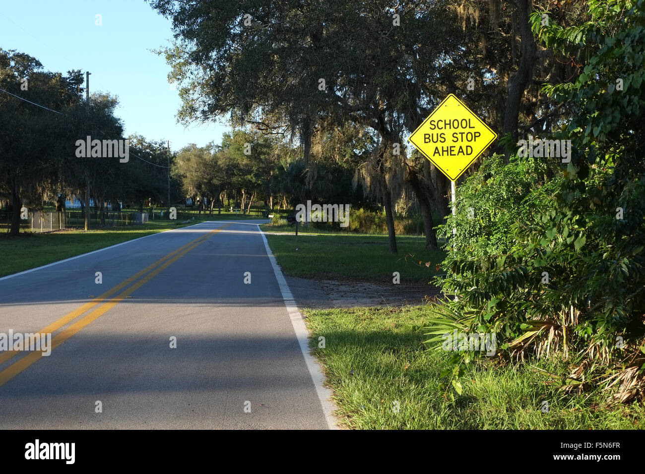 Scuola bus stop segno nelle zone rurali a Florida Foto Stock