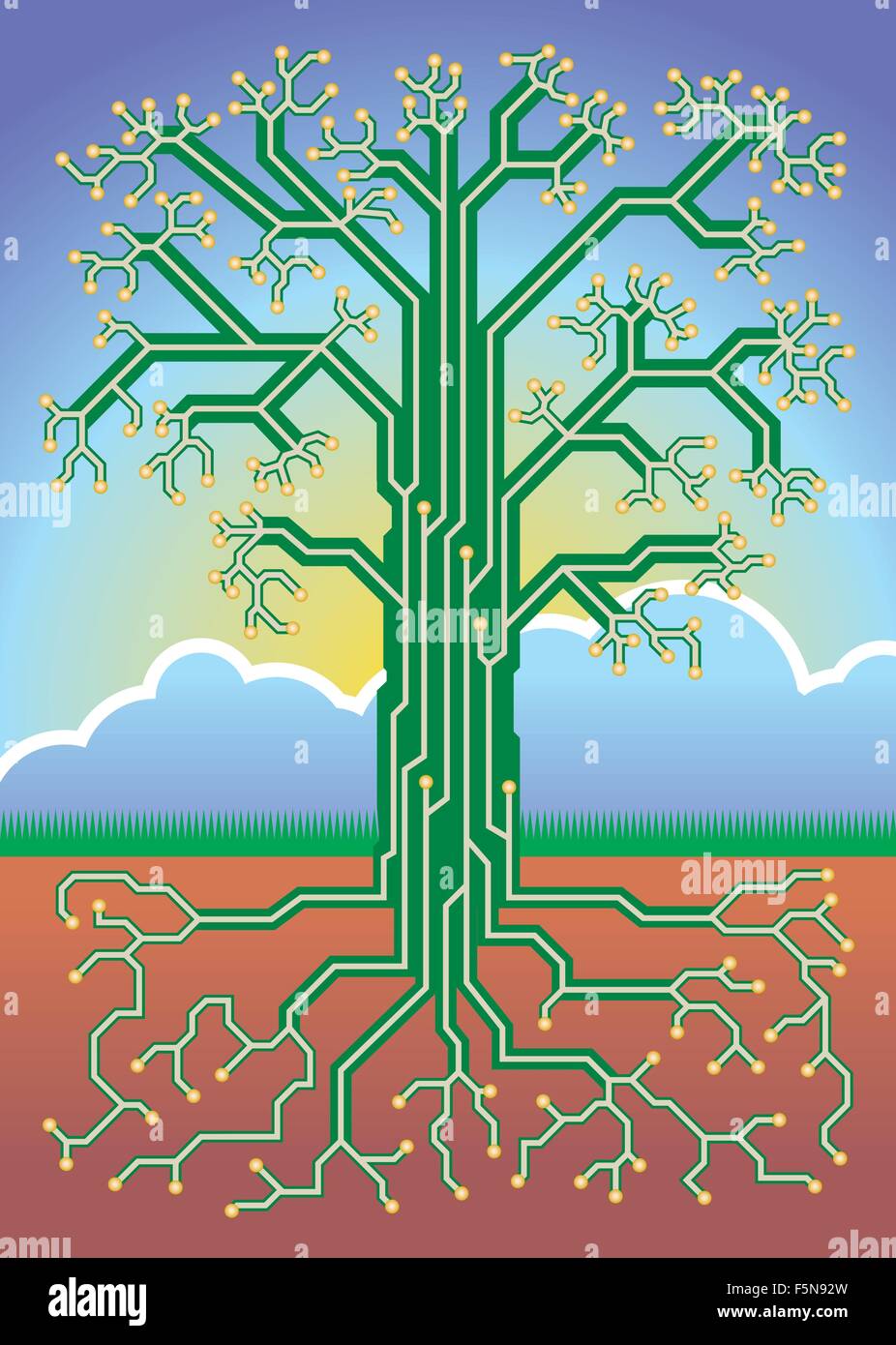 Un'immagine vettoriale di un circuito stampato, ad albero mostra 'Verde' elettronica Illustrazione Vettoriale