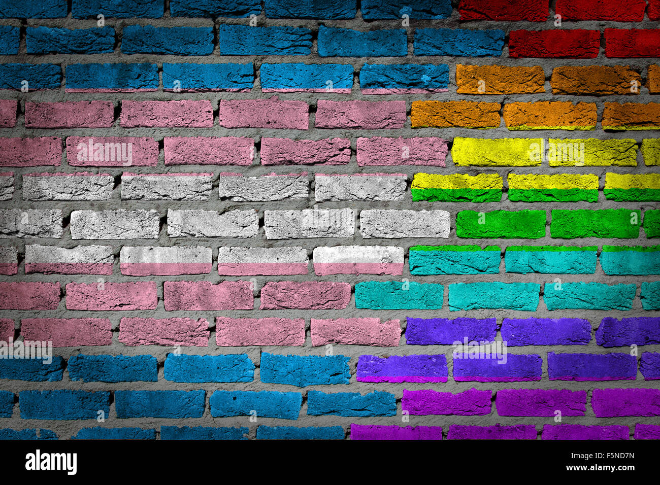 Dark muro di mattoni texture - bandiera dipinta sulla parete - Trans Pride Foto Stock