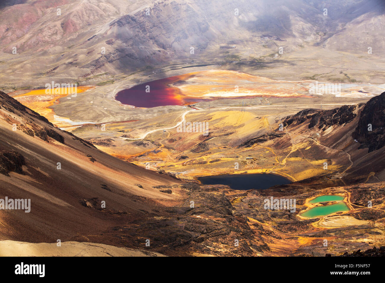 Laghi colorati al di sotto del picco di Chacaltaya stazione sulle Ande boliviane, con un lago scolorito dalla miniera effluente. Foto Stock