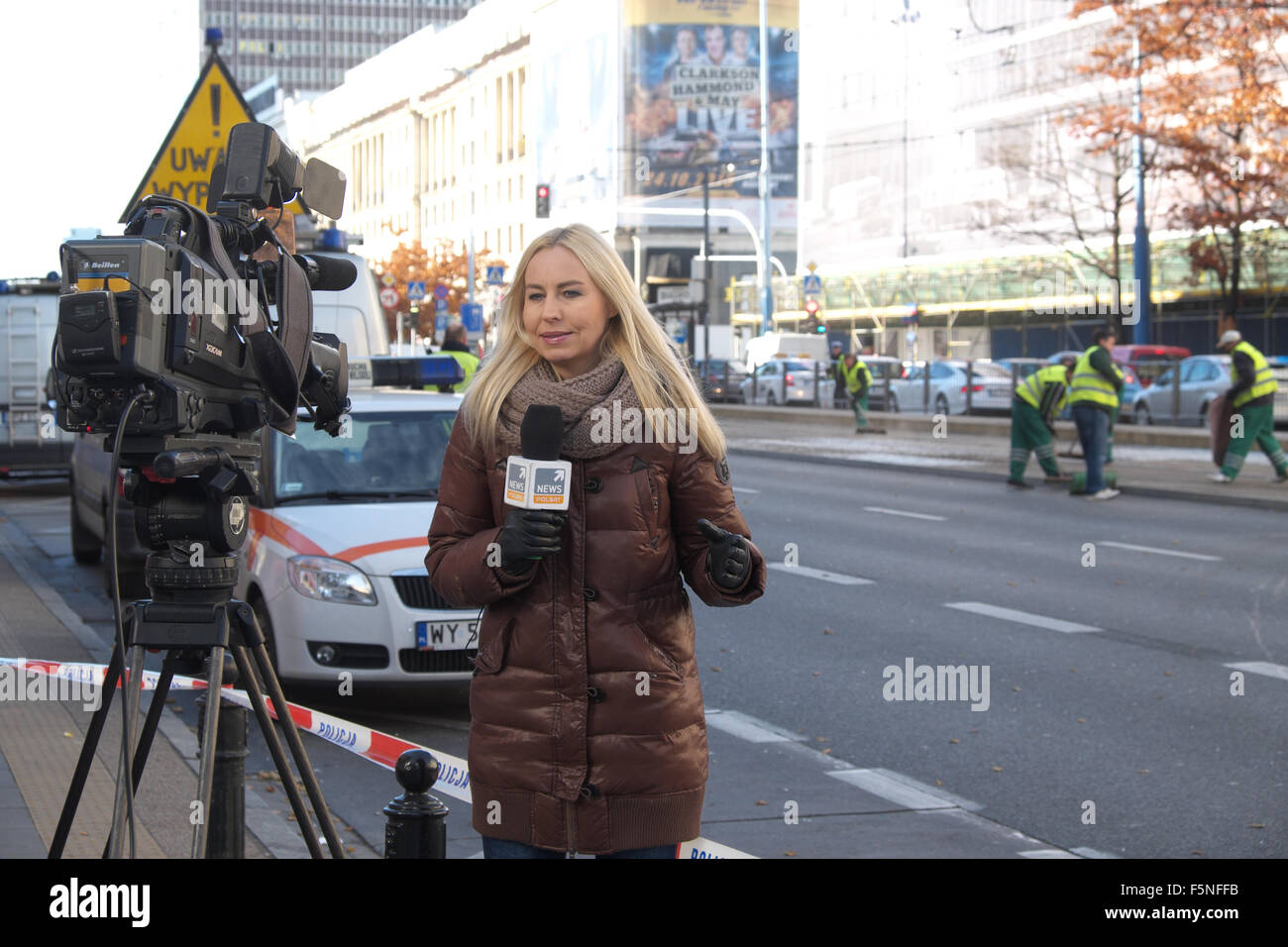 Varsavia Polonia PolSat TV emittente di notizie sulla scena di un incidente nel centro di Varsavia Foto Stock