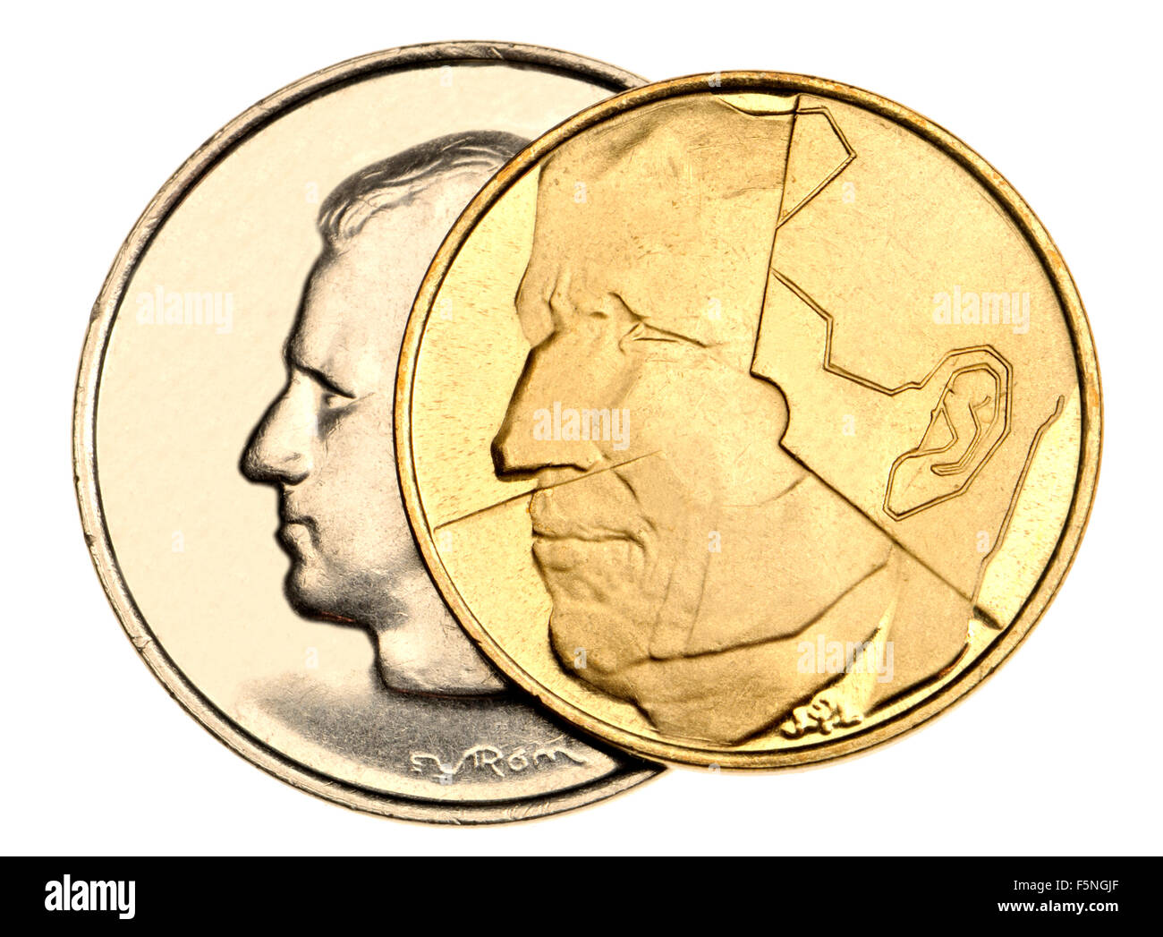 Pre-euro franchi belgi: 5F coin, 1993 (anteriore) e 10F coin, 1977 (dietro) che mostrano profili di King Baudouin / Boudewijn Foto Stock