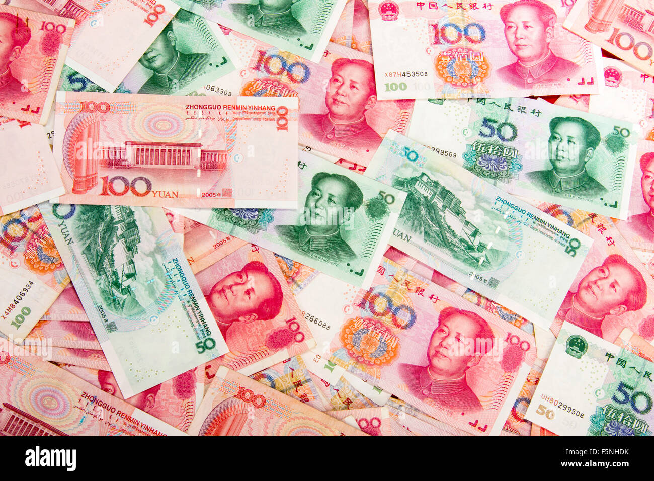Yuans cinese CNY banconote. Denaro 100 50 yuans Foto Stock