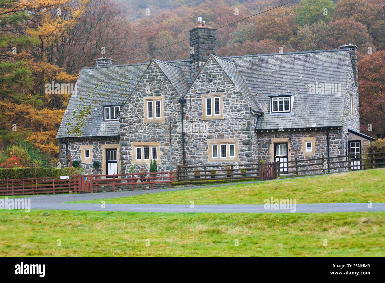 Case in colori autunnali al villaggio Elan nella Valle Elan, Powys, Galles centrale, Regno Unito nel mese di novembre Foto Stock