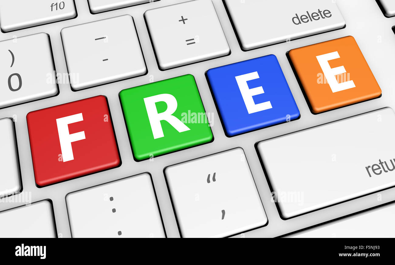 Freeware promozionali e di marketing con il concetto di segno libero e lettera su un notebook colorato della tastiera del computer 3d'illustrazione. Foto Stock