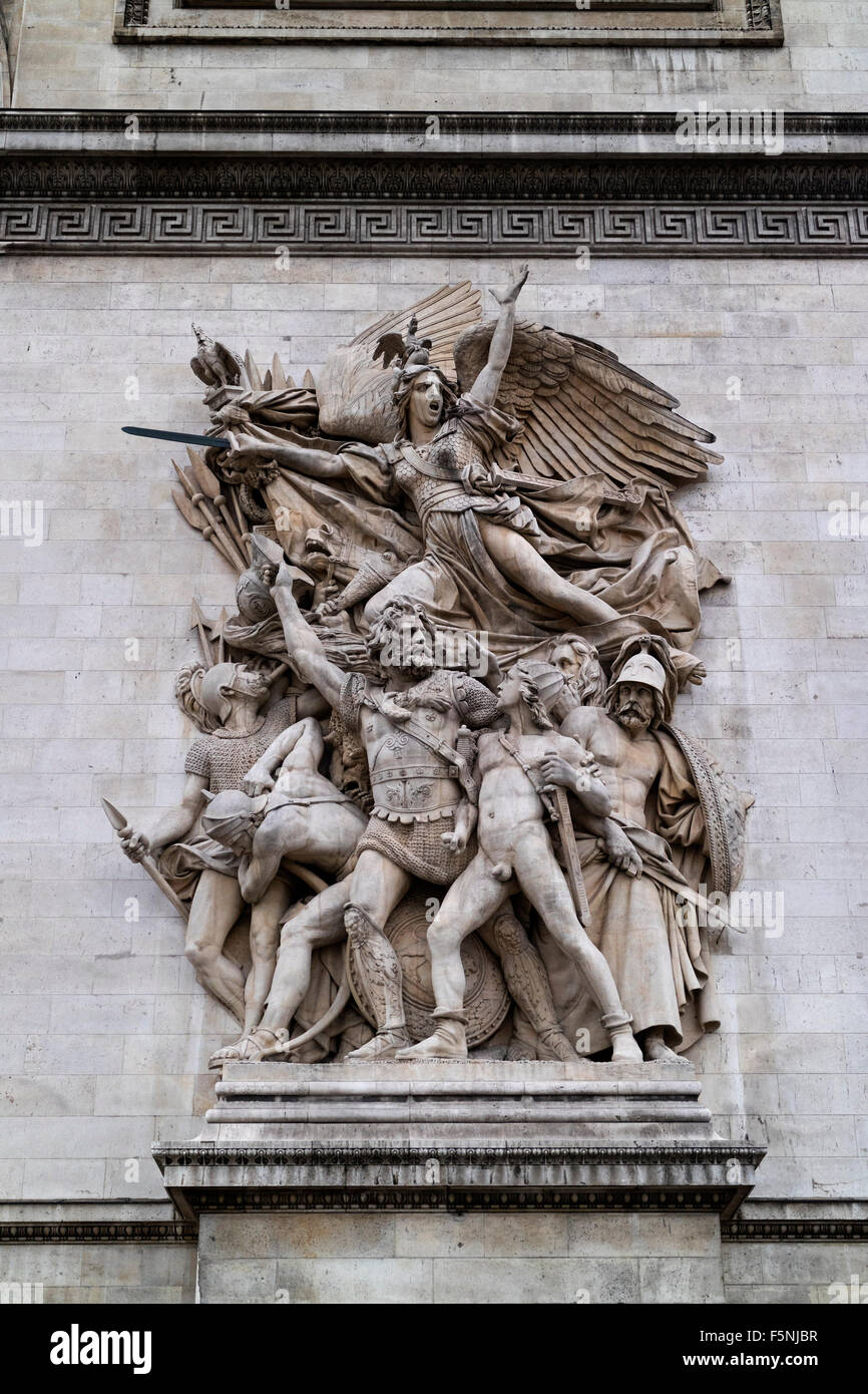 La scultura da Francois Rude all'Arc de Triomphe in Paris Foto Stock