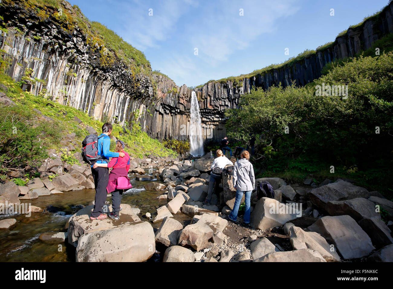 Gli escursionisti ammirando le cascate Svartifoss, Vatnajokull National Park, Islanda Foto Stock