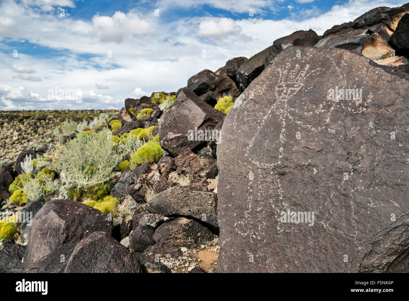 Petroglyph (l arte rupestre) su roccia, Boca Negra Canyon, Petroglyph National Monument, Albuquerque, Nuovo Messico USA Foto Stock