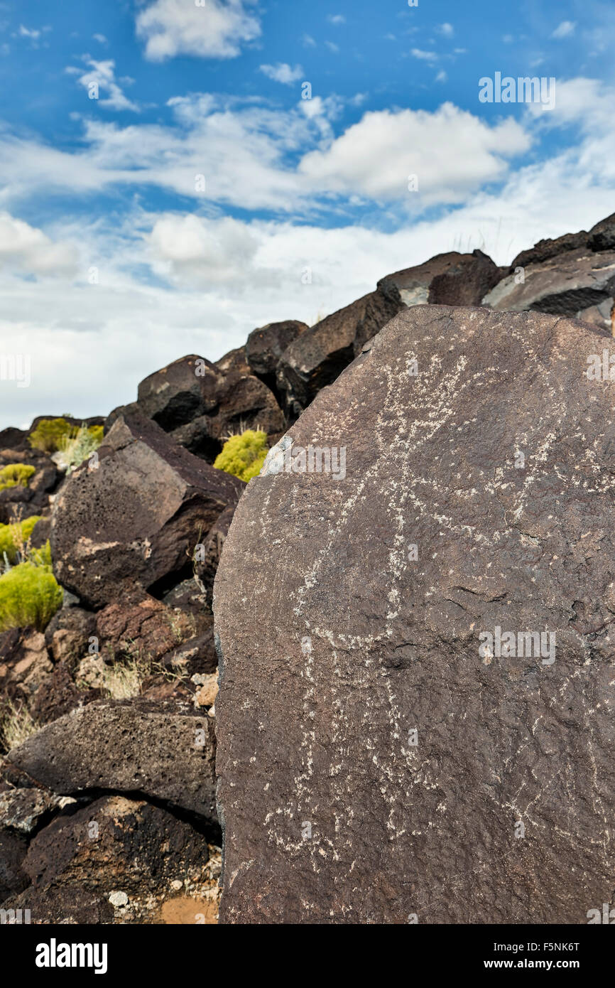 Petroglyph (l arte rupestre) su roccia, Boca Negra Canyon, Petroglyph National Monument, Albuquerque, Nuovo Messico USA Foto Stock