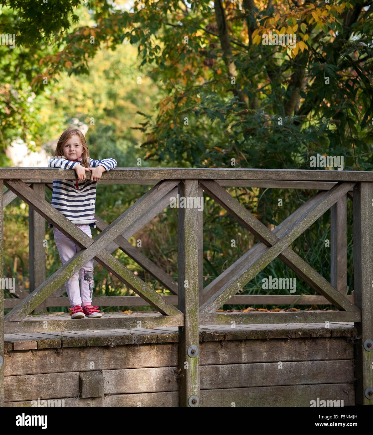 Una giovane ragazza è quixotically permanente sulla ringhiera di un ponte di legno. Essa è limitata dai suoi dintorni. Foto Stock
